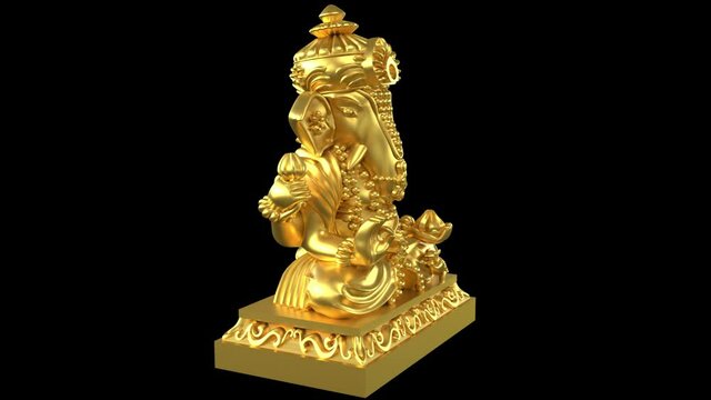 Golden ganesh statue rotating - 3d render looped with alpha channel.