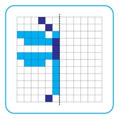 Picture reflection educational game for kids. Learn to complete symmetry worksheets for preschool activities. Coloring grid pages, visual perception and pixel art. Complete the blue dragonfly image.