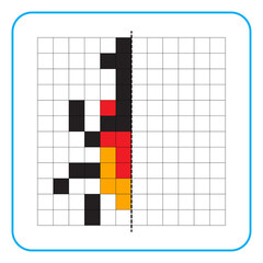 Picture reflection educational game for kids. Learn to complete symmetry worksheets for preschool activities. Coloring grid pages, visual perception and pixel art. Complete the horned insect.