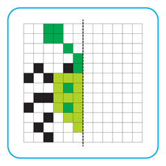 Picture reflection educational game for kids. Learn to complete symmetry worksheets for preschool activities. Coloring grid pages, visual perception and pixel art. Finish the green ladybug.