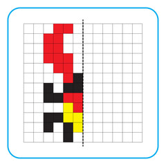 Picture reflection educational game for kids. Learn to complete symmetry worksheets for preschool activities. Coloring grid pages, visual perception and pixel art. Finish the red horned insect.