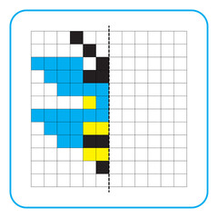 Picture reflection educational game for kids. Learn to complete symmetry worksheets for preschool activities. Coloring grid pages, visual perception and pixel art. Finish the honey bee insect.