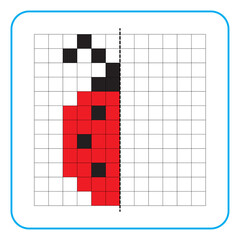 Picture reflection educational game for kids. Learn to complete symmetry worksheets for preschool activities. Coloring grid pages, visual perception and pixel art. Finish the red ladybug beetle.