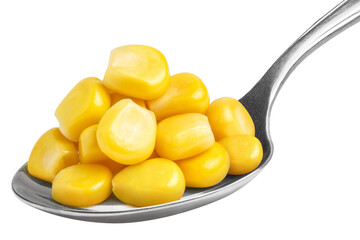 Delicious corn seeds in metal spoon, isolated on white background