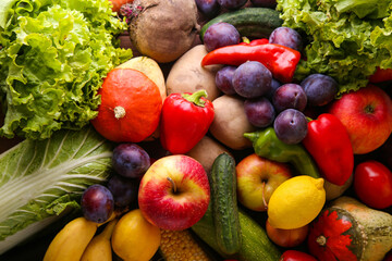 Background of vegetables and fruits. Healthy eating concept. Top view