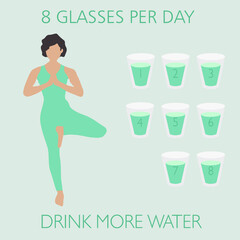 Poster with a schedule of drinking water. 8 glasses of water a day. Drink plenty of water. Depicts a calm girl in blue. Vector illustration.