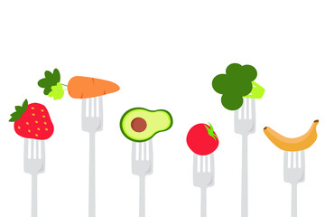 Fruits and vegetables on the fork: avocado, strawberry, banana, cauliflower, tomato. Healthy Lifestyle. Veganism. Vector illustration on a white background.
Banner, message, background.
