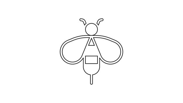 Black line Bee icon isolated on white background. Sweet natural food. Honeybee or apis with wings symbol. Flying insect. 4K Video motion graphic animation