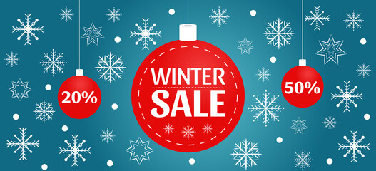 Winter sale banner template with snowflakes and christmas balls. Vector illustration for design.