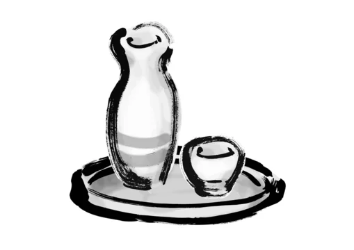 徳利に入ってお盆に乗った日本酒の手描き筆描きイラスト モノクロ Stock Vector Adobe Stock