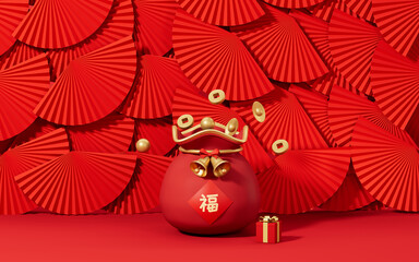 Lucky bag with red fans background, translation blessing, 3d rendering.