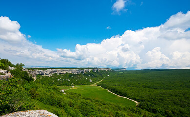 View to beautiful mountain landscape near the cave city Eski-Kermen, Crimea