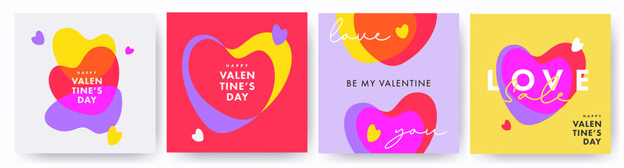 Creative concept of Happy Valentines Day cards set. Modern Design templates with liquid hearts in modern overlay style for celebration and decoration, branding, banner, cover, label, poster, sales - obrazy, fototapety, plakaty
