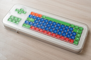 Close-up of a specialized computer keyboard for people with cerebral palsy.