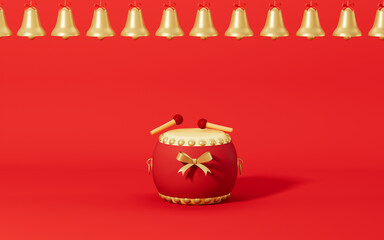Golden bells and drum with red background, 3d rendering.