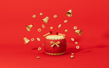 Lots of coins and bells surround the drum, 3d rendering.