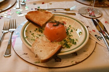 Smoked Salmon Mousse parcel entree. 