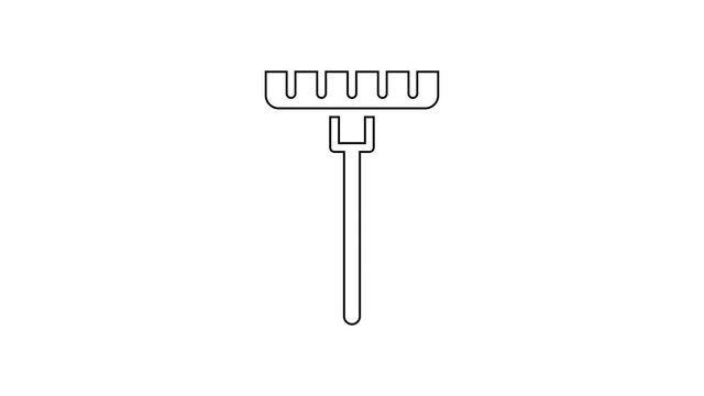 Black line Garden rake icon isolated on white background. Tool for horticulture, agriculture, farming. Ground cultivator. Housekeeping equipment. 4K Video motion graphic animation