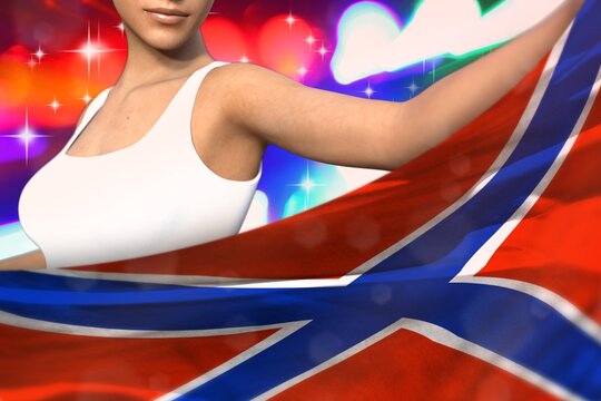 young woman holds Novorossia flag in front on the party lights - flag concept 3d illustration