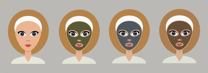 Set of cartoon girls face. Face mask illustration. SPA template.
