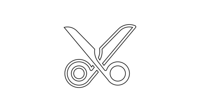 Black line Scissors icon isolated on white background. Cutting tool sign. 4K Video motion graphic animation
