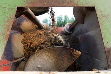 The feed mixer in the beef cattle farm is running, China