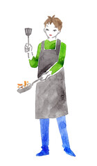 料理をする男性　水彩イラスト