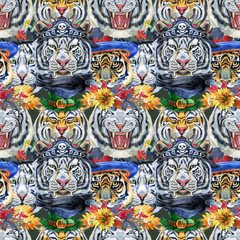 Seamless pattern with the image of a tiger's face. Decor for decoration of textiles or wallpaper.