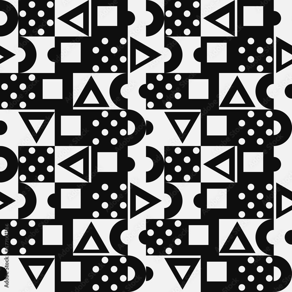 Poster Abstract background of polka dots, triangles, halves of a circle and squares. Vector seamless and abstract background of black shapes on a white background. Geometric shapes and mosaic pattern.