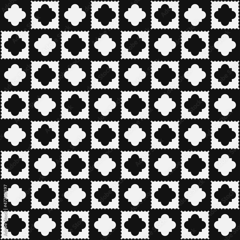 Poster Chess board, can be seamless background. Decor pattern in the center of each cell is in reverse color. Black and white checkers.