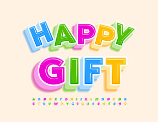 Vector festive template Happy Gift. Colorful isometric Font. Funny modern Alphabet Letters and Numbers set