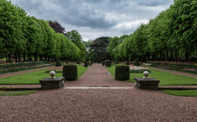 Panoramic view over the green gardens  during the flower exposition in the Groot-Bijgaarden castle