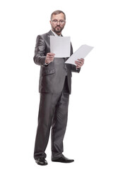 Executive business man with documents. isolated on a white background.