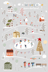 Winter wonderland landscape background with people celebration and kids having fun at park in village.Vector illustration Cute cartoon for greeting card  or banner for Christmas or New Year 2022