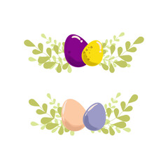 Easter decorative eggs with greenery branches. Vector image. Perfect for postcards. Delicate decor.