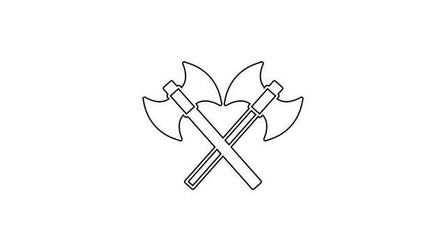 Black line Crossed medieval axes icon isolated on white background. Battle axe, executioner axe. Medieval weapon. 4K Video motion graphic animation