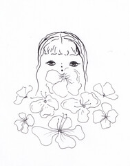 Abstract ink sketch drawing of pretty girl face with flowers. Surrealistic people art. Original monochrome fantastic artwork. Use for fabric print, card, poster. Peaceful floral illustration.