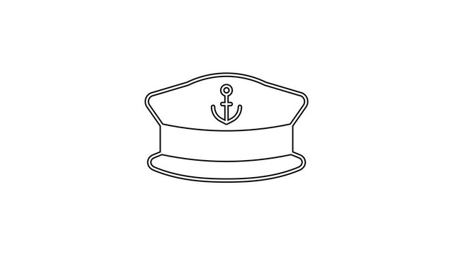 Black line Captain hat icon isolated on white background. 4K Video motion graphic animation