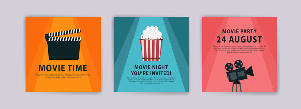 Movie time. Movie night. Movie Party. Cinema poster template. Templates for banners, social media post ads, cards and posters.