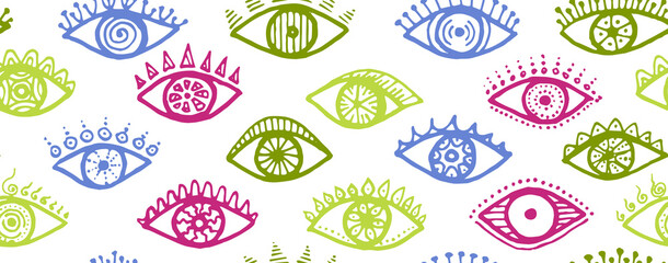 Naklejka premium Doodle open eyes modern repeatable ornament. Pop