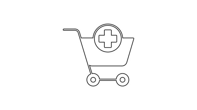 Black line Add to Shopping cart icon isolated on white background. Online buying concept. Delivery service sign. Supermarket basket symbol. 4K Video motion graphic animation
