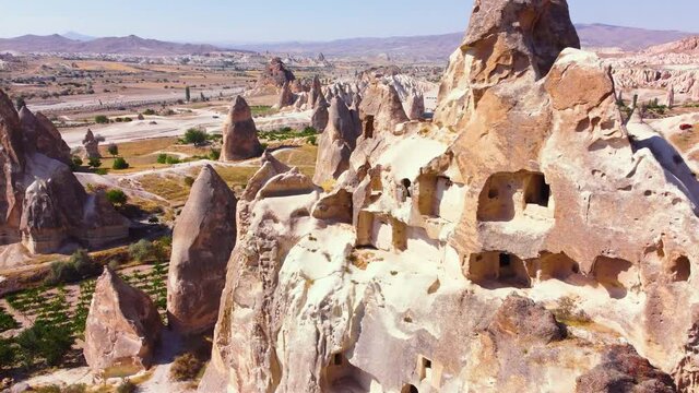 Aerial drone flight over White Mountains in Turkey Cappadocia, Huge Spectacular Rocks structures, Dramatic geological wonder, Birds eye view landscape 4k