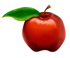 Red apple with a green leaf on a white background.