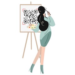 Young woman holding paintbrush and palette. Girl artist draws a QR code on an easel. Back view. Work and study at home. The concept of fighting covid. Vector flat cartoon isolated illustration.