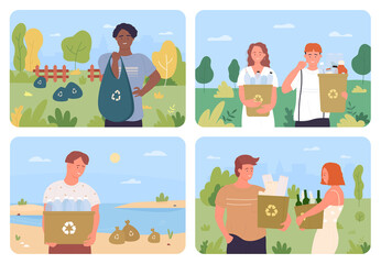 Fototapeta premium People clean nature, collect trash vector illustration. Cartoon group of young volunteers holding boxes and bags with garbage, teens sorting plastic bottles and paper waste. Eco pollution concept