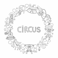 Vector black and white round frame border with circus characters, objects. Street show line card template design for banners with animals. Cute festival wreath illustration with clowns.