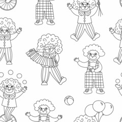 Vector black and white seamless pattern with clowns. Line circus artists repeat background. Amusement holiday digital paper or coloring page. Cute funny festival or street show comedians texture.