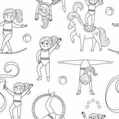 Vector black and white seamless pattern with gymnast girls with hoop, horse, ribbon. Line repeat background with cute funny acrobat. Circus or sport artist digital paper or coloring page. - obrazy, fototapety, plakaty