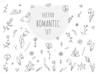 Set of romantic outline flowers and hearts, butterfluy, snail, leaves, stars, herbs for wallpaper, birthday, wedding, St Valentine's Day card design.