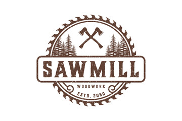 Pines Evergreen Conifer tree with Circular Saw Blade for Sawmill Carpentry Woodwork Vintage Retro logo design